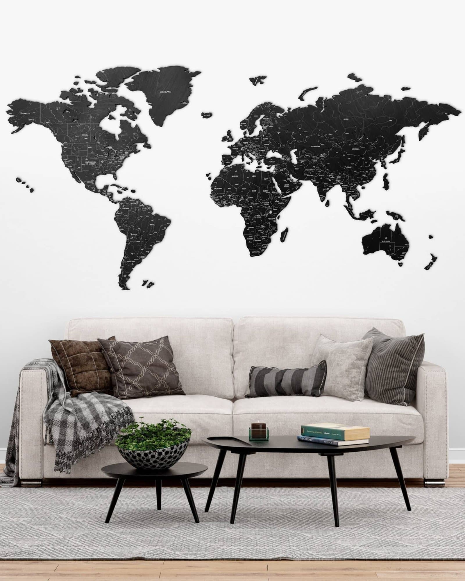 Drewniana mapa świata Premium z rzekami i miastami 150x70cm Heban 6 mm